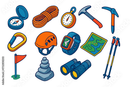 Mountain Trek Gear Icons. Isometric vector illustration set Mountain Trek Navigation: compass, climbing rope, altimeter, ice axe,