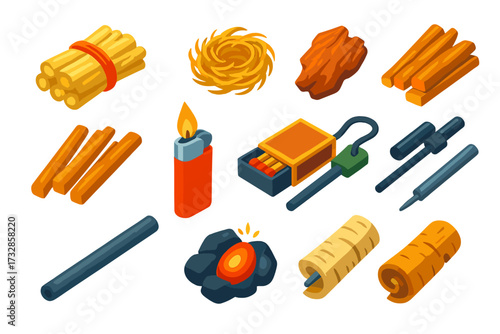 Fire Starting Kit. Isometric vector illustration set Fire Starting Kit: kindling bundle, tinder nest, dry bark, fatwood sticks,