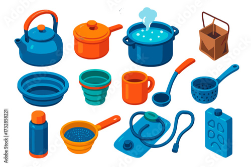 Camping Kitchen Essentials. Isometric vector illustration set Camping Kitchen Water: kettle, saucepan, boiling pot, filter bag,