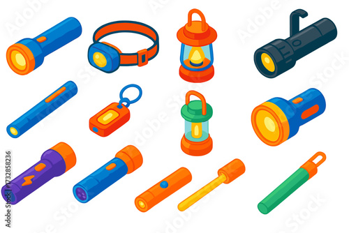 Flashlight Icon Set. Isometric vector illustration set Flashlight Types: handheld flashlight, headlamp, lantern, tactical