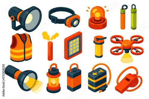 Search and Rescue Lighting Set. Isometric vector illustration set Search and Rescue Lighting: high-power spotlight, headlamp,