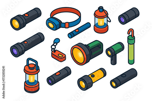 Flashlight Icon Set. Isometric vector illustration set Flashlight Types: handheld flashlight, headlamp, lantern, tactical