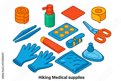 Hiking Medical Kit Essentials. Isometric vector illustration set Hiking Medical Supplies: bandage wrap, antiseptic spray, gauze