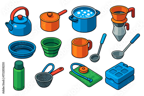 Camping Kitchen Essentials. Isometric vector illustration set Camping Kitchen Water: kettle, saucepan, boiling pot, filter bag,