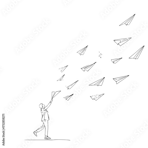 A person in a suit throwing paper airplanes into the air with a white background and simple line drawing style