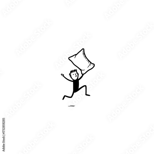 Stick figure running with a pillow above his head in a playful manner on a white background sketch