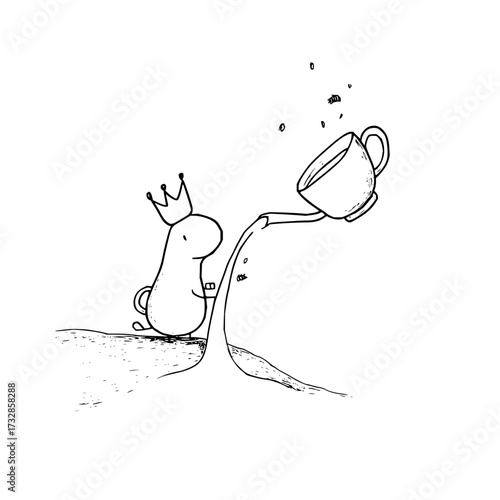 A cartoon king with a crown sits on a cliff pouring a cup of tea in a whimsical black and white drawing