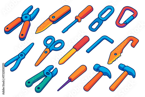 Bold Everyday Carry Tools. Isometric vector illustration set Everyday Carry Tools: pocket pliers, blade knife, screwdriver, bottle