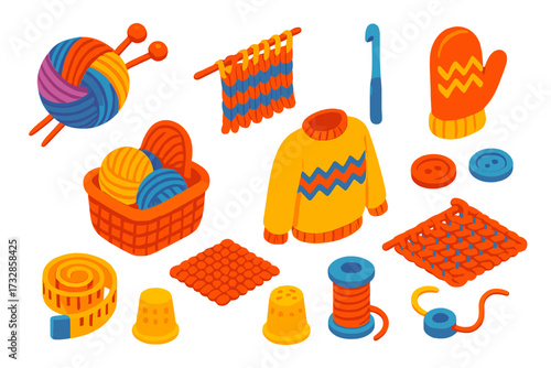 Colorful Knitting Tools. Isometric vector illustration set Handmade Knitting Set: yarn ball, knitting needles, scarf, crochet hook