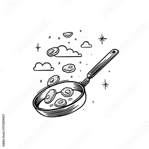 A whimsical illustration of a frying pan with food cooking amidst clouds and starbursts in black and white