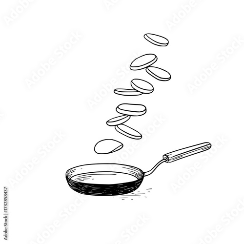 A sketch of pancakes being flipped from a frying pan with a handle on a white background drawing style