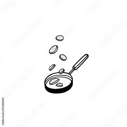 Illustration of pancakes being flipped in a pan with some floating above it in a black and white style
