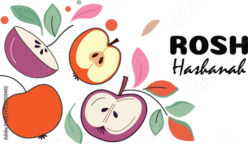 Shanah Tova banner with hand-drawn coloring of apples. Vector background for Jewish New Year, Rosh Hashanah