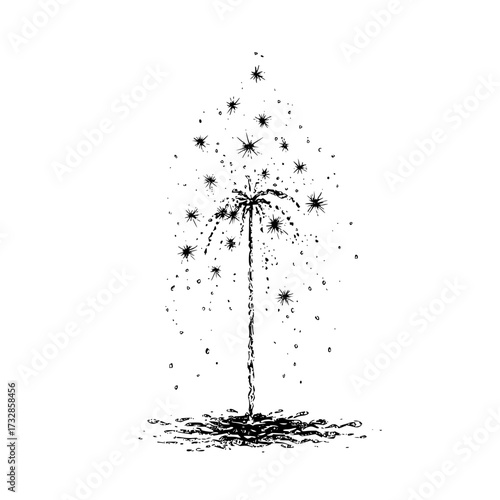 Stylized monochrome drawing of a water fountain with starbursts and splashes against white background