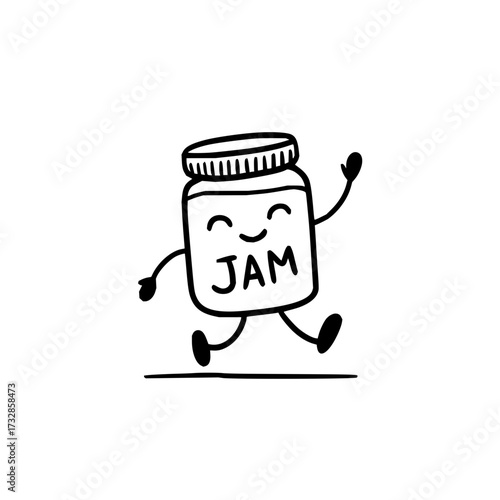 A cartoon jam jar with a smiling face running happily in a doodle style drawing on a white background