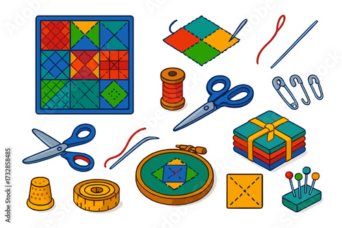 Handmade Quilt Icons. Isometric vector illustration set Handmade Quilt Set: quilt, fabric patch, sewing needle, thread spool,