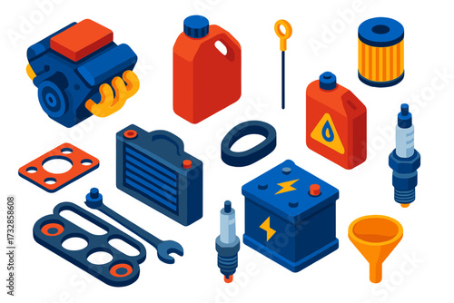 Bright Car Essentials Icons. Isometric vector illustration set Car Service Essentials: engine, oil, dipstick, filter, coolant,