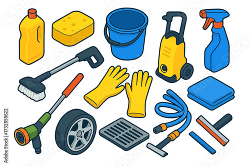 Car Wash Essentials. Isometric vector illustration set Car wash: Soap bottle, Sponge, Bucket, Water spray, Pressure washer, Car