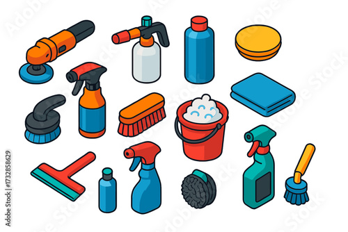Bold Car Detailing Icons. Isometric vector illustration set Professional detailing: Polishing machine, Foam sprayer, Car shampoo,