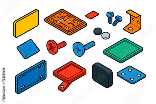 Vehicle ID Plate Set. Isometric vector illustration set Vehicle ID plate set: Plate number, Frame holder, Registration tag, Screw