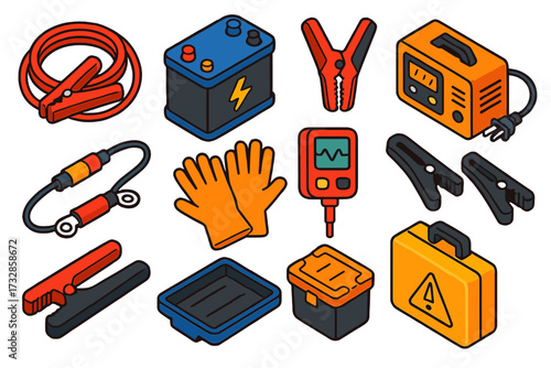 Auto Battery Tools. Isometric vector illustration set Auto battery tools: Jumpstart cables, Lead-acid battery, Positive clamp,