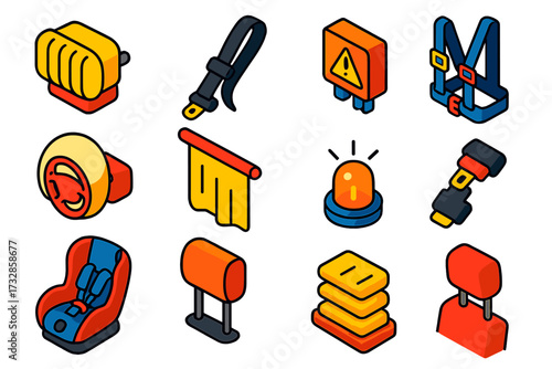 Car Crash Safety Kit. Isometric vector illustration set Car interior crash kit: Airbag unit, Seatbelt webbing, Crash detector,