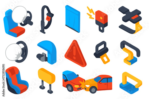 Automotive Safety Features. Isometric vector illustration set Automotive crash protection: Front airbag, Seatbelt retractor,