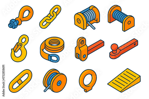 Car Towing Equipment Icons. Isometric vector illustration set Car towing equipment: Tow hook, Heavy chain, Winch drum, Hook latch,