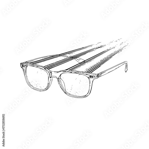 Illustration of eyeglasses with a transparent frame and a striped background in black and white