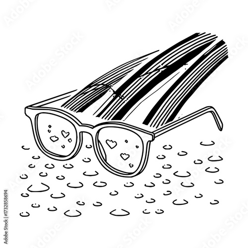 A pair of glasses with heart reflections and striped light above with many small curved shapes below