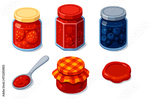 Vibrant Jam Jars. Isometric vector illustration set Jam and Preserves Collection: glass jar with strawberry jam, raspberry