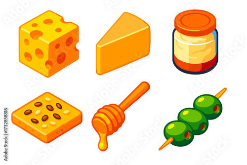 Cheese Tasting Board. Isometric vector illustration set Tasting Board Elements: Swiss cheese with holes, parmesan wedge, creamy