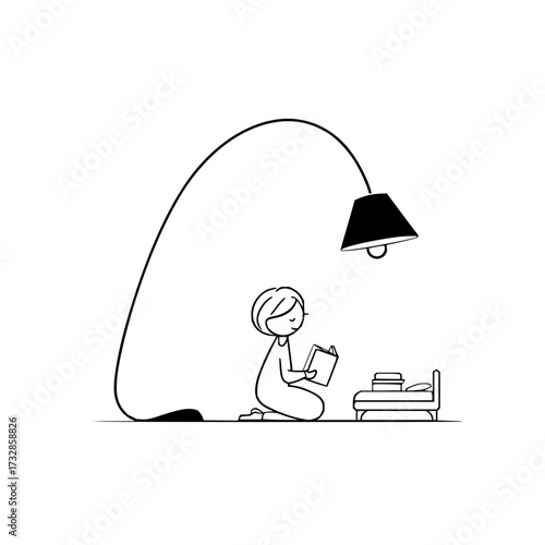 A simple line drawing of a person reading a book under a lamp next to a small bed with books on it