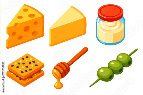 Cheese Tasting Board. Isometric vector illustration set Tasting Board Elements: Swiss cheese with holes, parmesan wedge, creamy