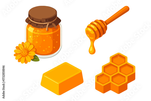 Honey Harvest Icons. Isometric vector illustration set Honey Harvest Scene: glass jar of golden honey, wooden dipper with dripping