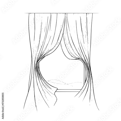Illustration of draped curtains framing a window with a view of distant hills in a simple line drawing