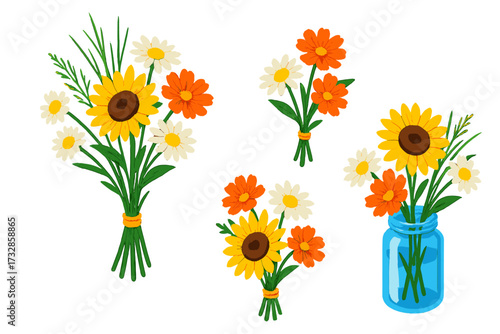Vibrant Flower Bouquets. Isometric vector illustration set Wildflower Garden Mix: bouquet with chamomile flowers, small sunflowers