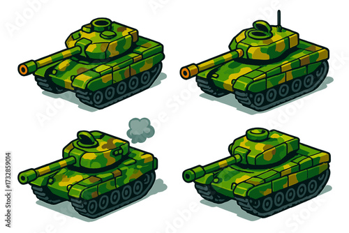 Modern Battle Tank. Isometric vector illustration set Modern Battle Tank: armored tank body with rotating turret, long cannon