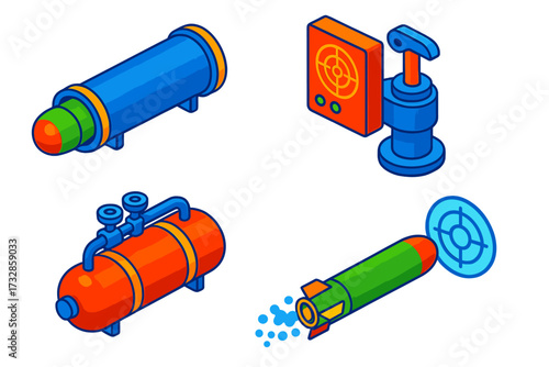 Torpedo Launch System. Isometric vector illustration set Torpedo Launch System: loaded torpedo tube, firing mechanism, compressed