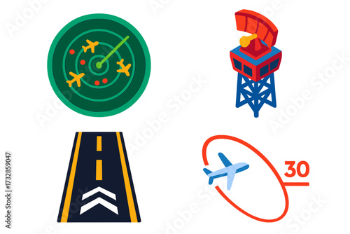 Air Traffic Radar. Isometric vector illustration set Air Traffic Control Radar: aircraft position blips, runway direction lines,