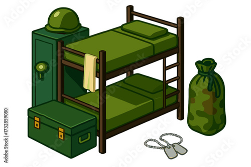 Soldier Quarters Icons. Isometric vector illustration set Soldier Sleeping Quarters: bunk bed against wall, green metal footlocker