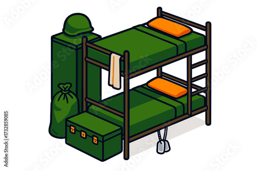 Soldier Quarters Icons. Isometric vector illustration set Soldier Sleeping Quarters: bunk bed against wall, green metal footlocker