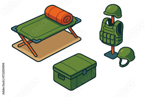 Field Barracks Essentials. Isometric vector illustration set Field Barracks Setup: temporary cot-style bunk, soft footlocker crate