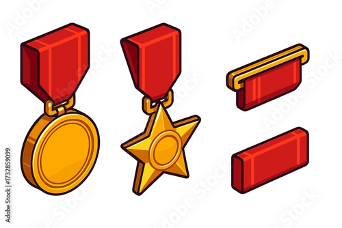 Military Medal Display. Isometric vector illustration set Military Medal Display: gold medal on red ribbon, star-shaped honor