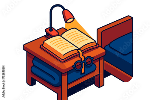 Nightstand Reading Essentials. Isometric vector illustration set Nightstand Reading Kit: booklight mounted to back of book,