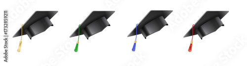 Set of vector realistic mortar hats. Graduation cap of a student with multi-colored tassels. Black hat at graduation at the university. Symbol of academic education, university headdress