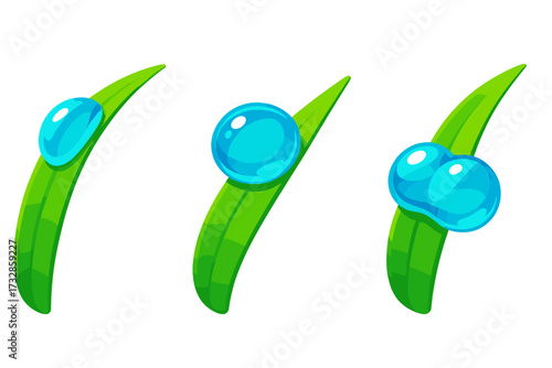 Water Droplet Dynamics. Isometric vector illustration set Droplet Behavior Study: water bead sliding along grass blade, static