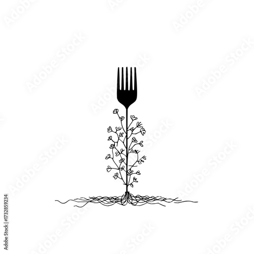 A black fork with a plant growing from it with roots on a white background in a minimalist style