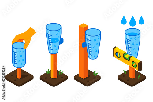 Rain Gauge Installation. Isometric vector illustration set Rain Gauge Installation Process: step-by-step diagram showing placing