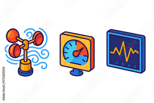 Wind Study Icons. Isometric vector illustration set Wind Turbulence Study Tools: anemometer reading fluctuating wind speeds,